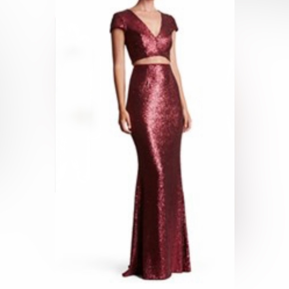 Dress The Population Cara two piece gown Long Sequin Skirt set Medium Berry